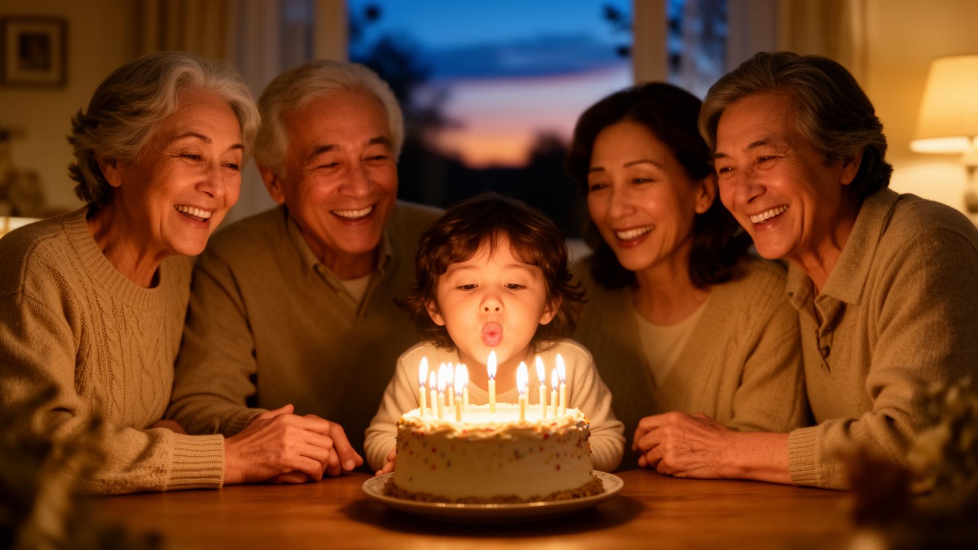 Three generations of family gathered around a birthday cake as a child blows out the candles