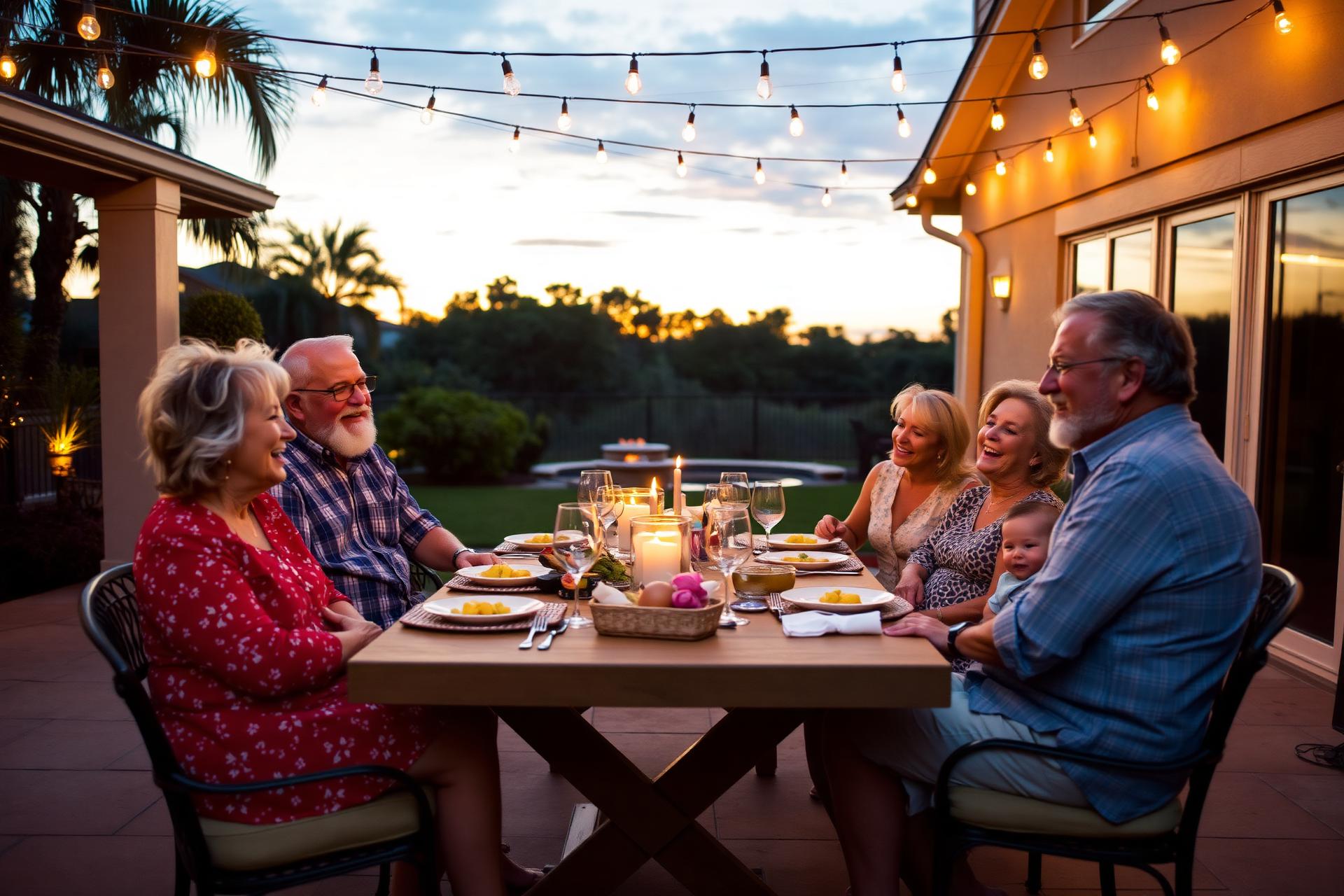 A multigenerational family laughing around a backyard dinner table at dusk