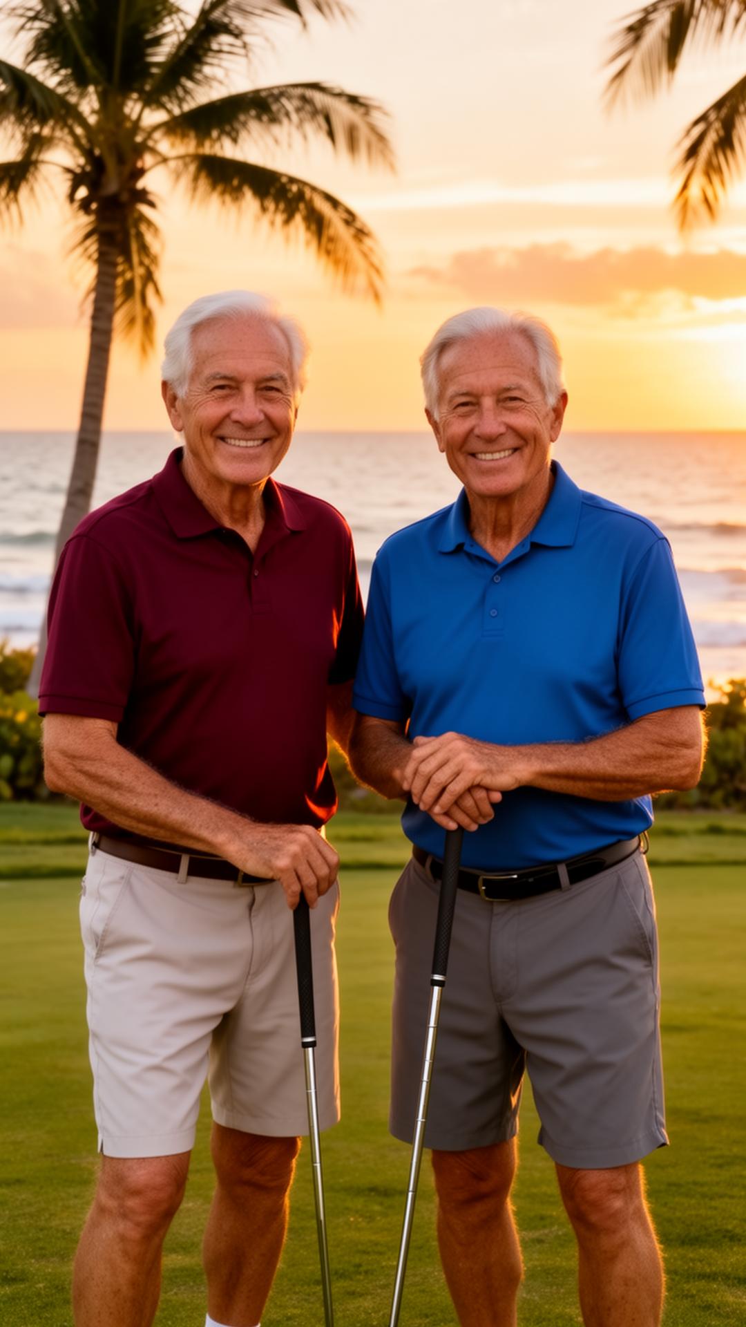 Friends playing golf together on a Florida coastal course at golden hour