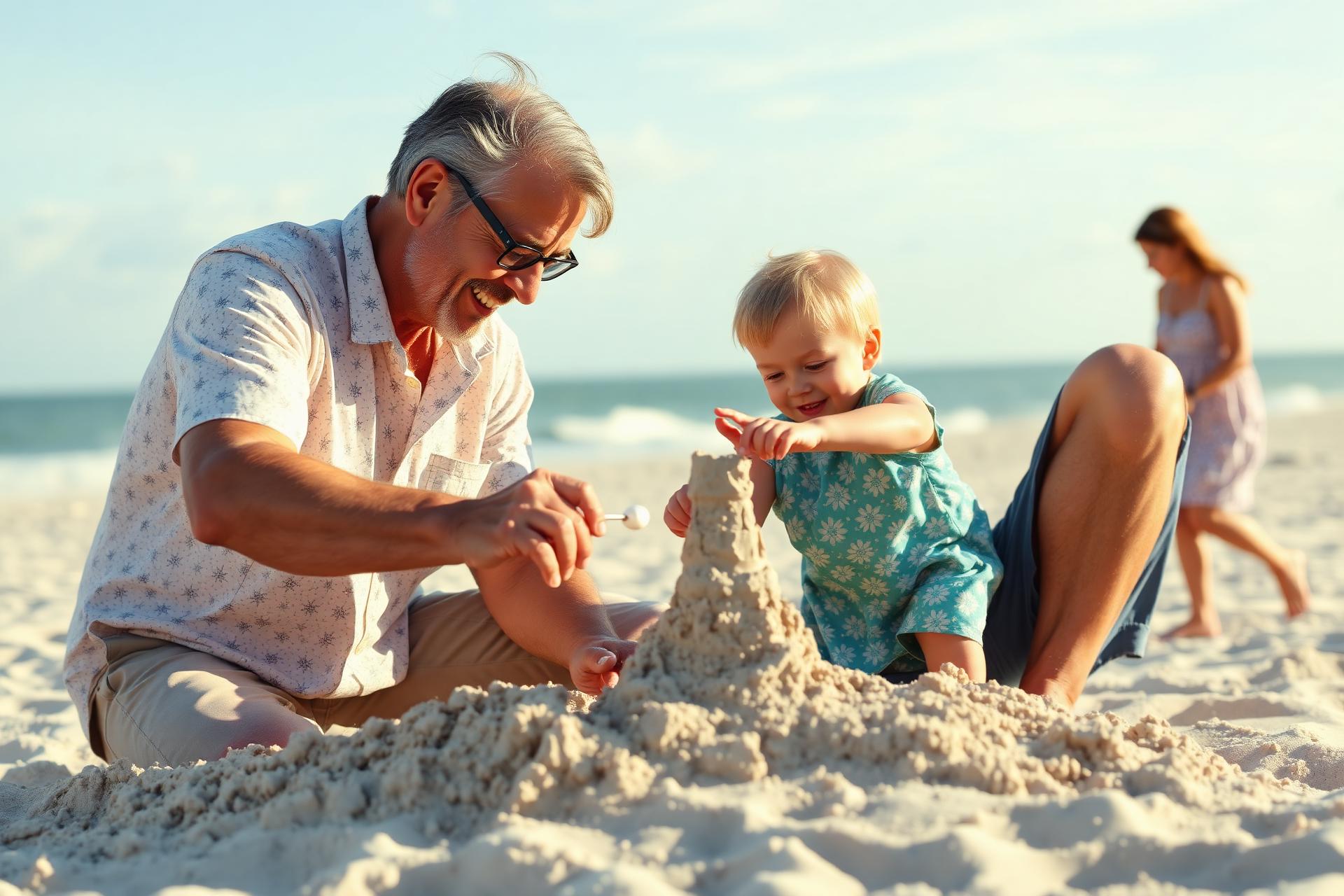 A grandfather and grandchild building a sandcastle on the beach