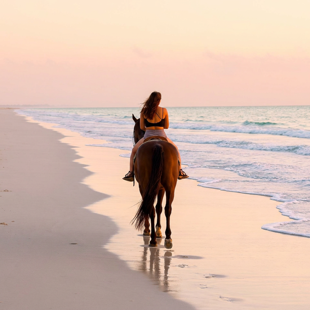 A woman riding a horse along the surf at sunrise