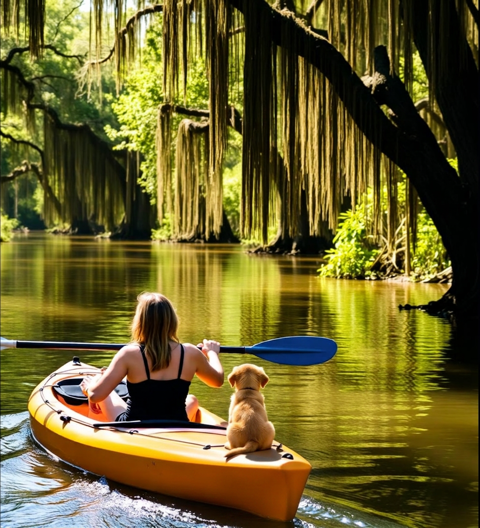 A woman kayaking through a cypress-lined Florida spring