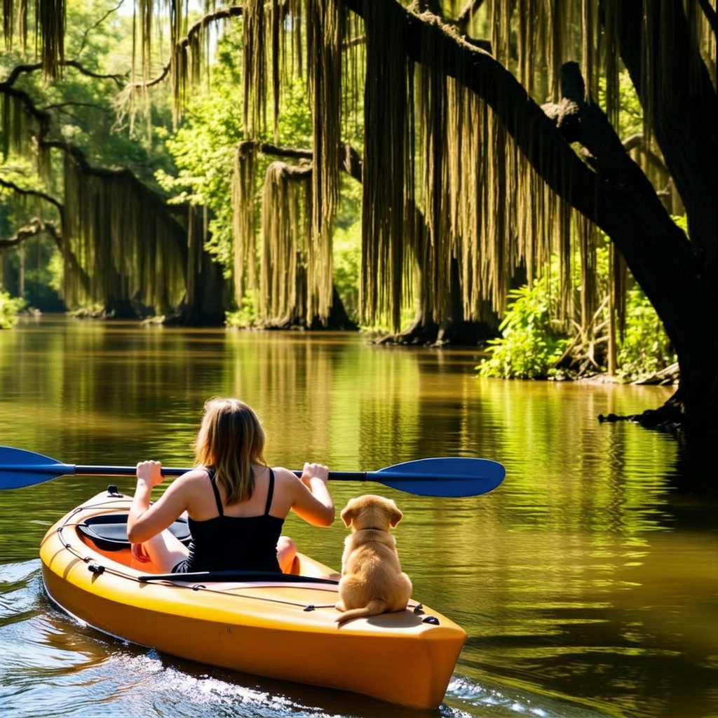 A woman kayaking through a cypress-lined Florida spring