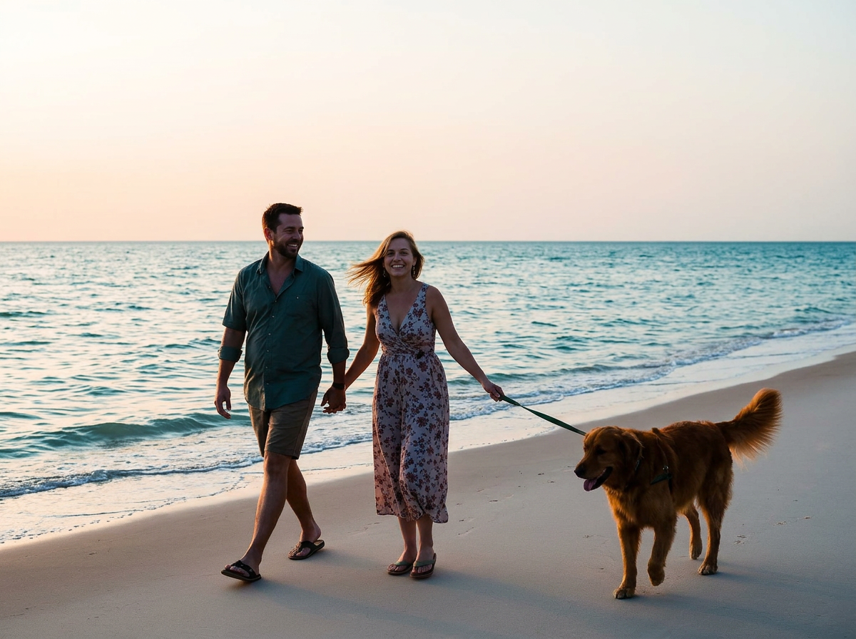 A couple walking their golden retriever along a Florida beach at sunset