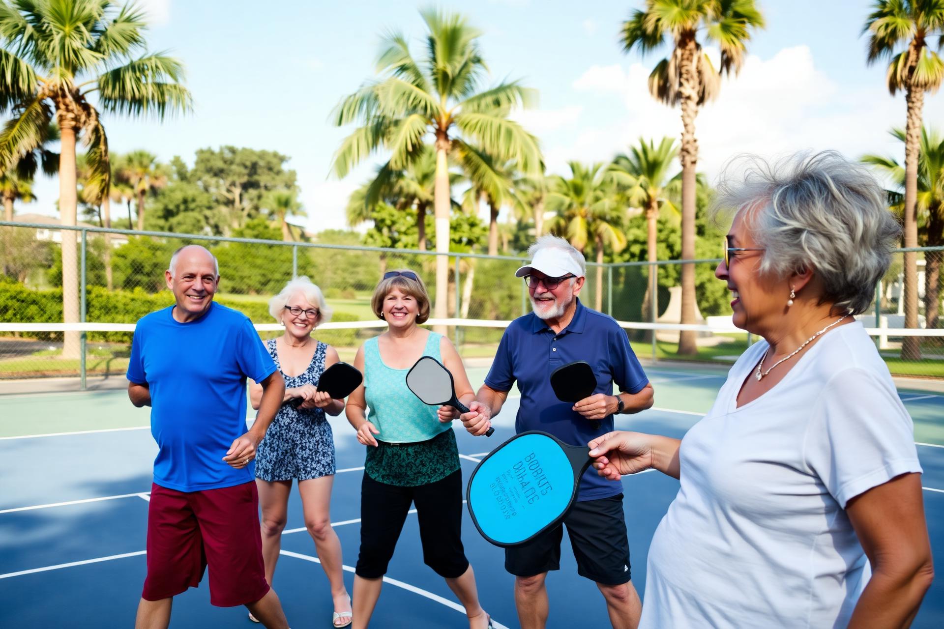 A group of friends playing pickleball under palm trees