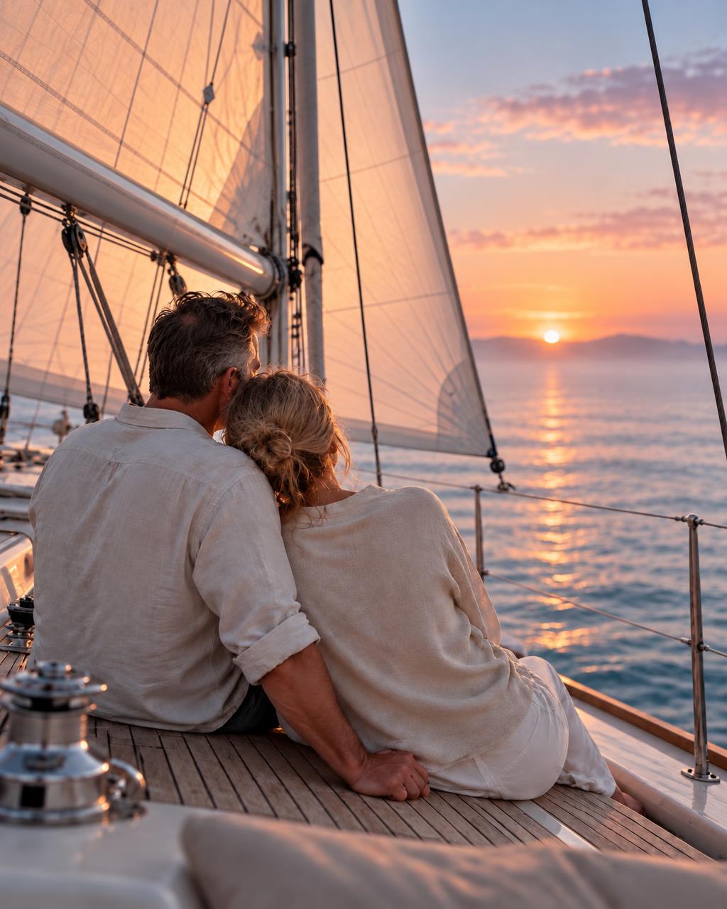 A couple resting together on the deck of a sailboat at sunrise